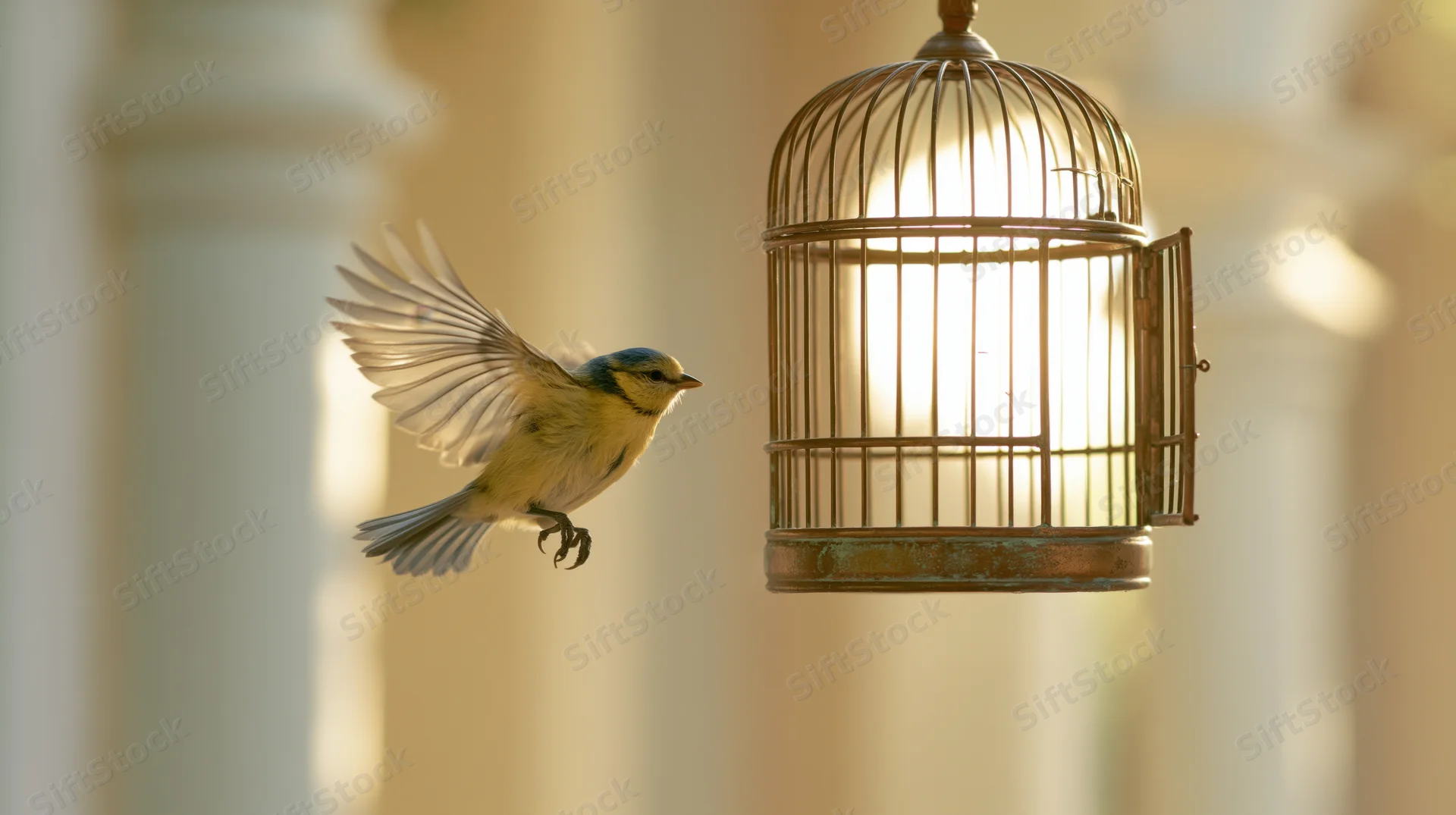 Small yellow-and-blue songbird in mid-flight with wings spread near an open vintage metal cage hanging indoors