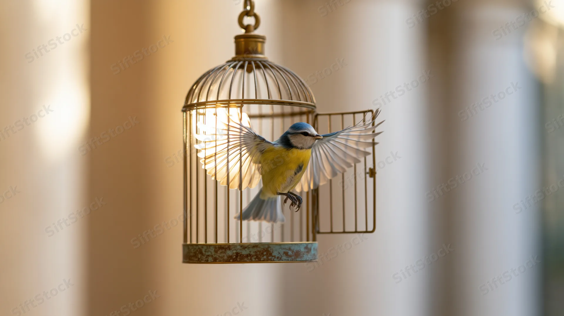Blue tit in mid-flight escaping from open birdcage indoors