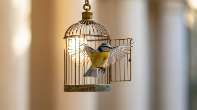 Blue tit in mid-flight escaping from open birdcage indoors