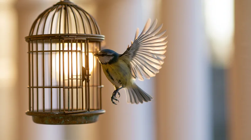 Small blue-and-yellow songbird in mid-flight escaping from a hanging metal cage indoors