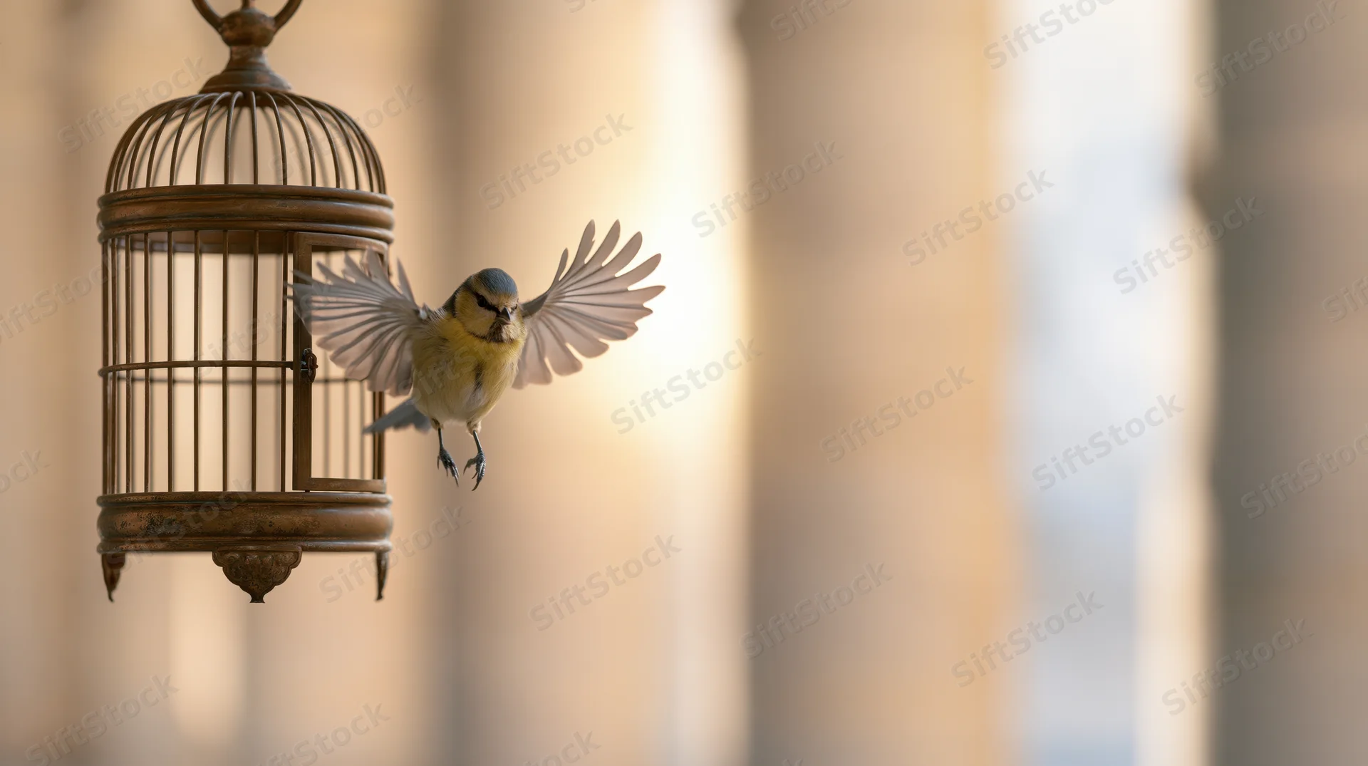 Small yellow-and-blue songbird in mid-flight with wings spread exiting a brass cage outdoors