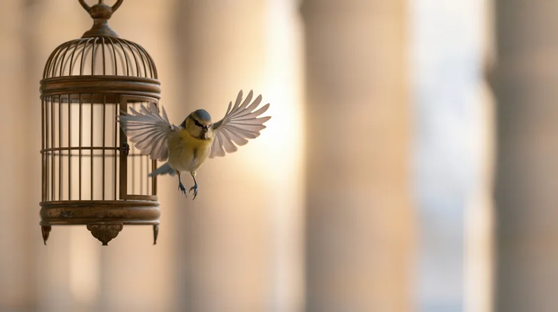 Small yellow-and-blue songbird in mid-flight with wings spread exiting a brass cage outdoors