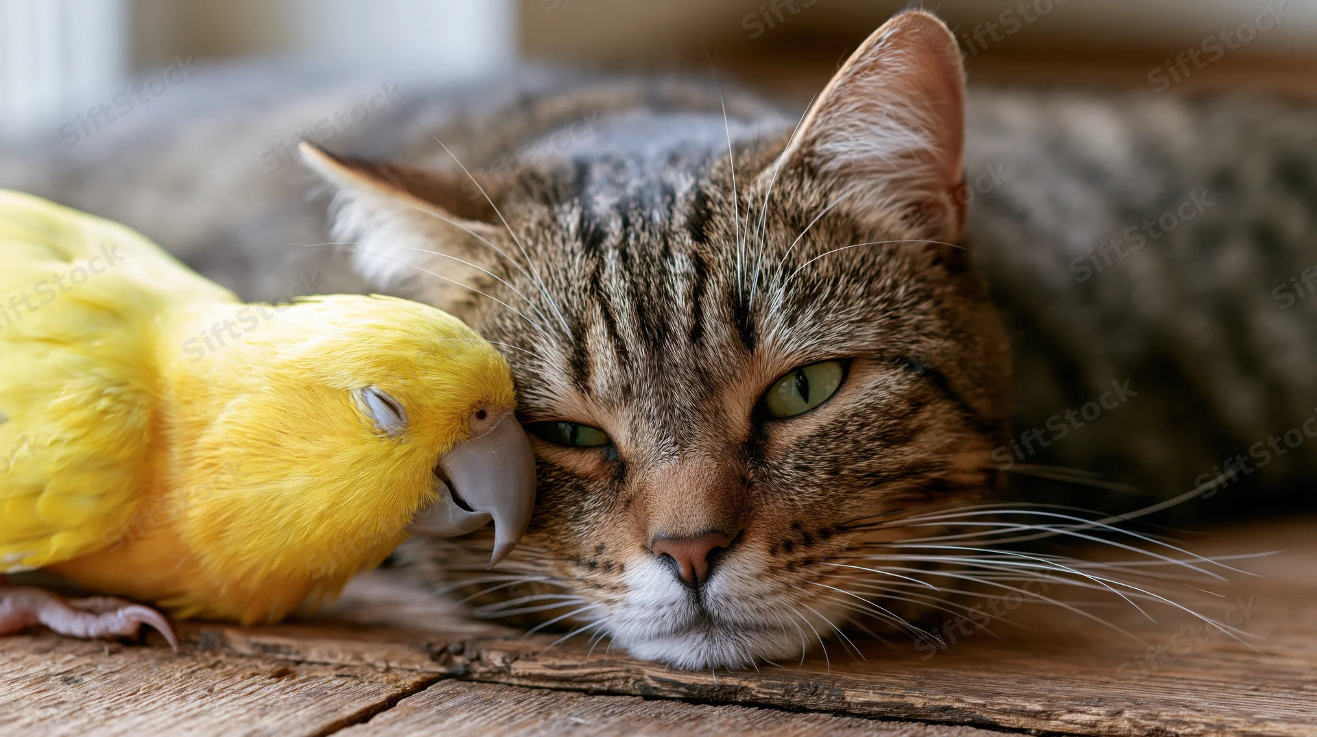 Tabby cat resting on wooden floor with small yellow parrot nuzzling its cheek