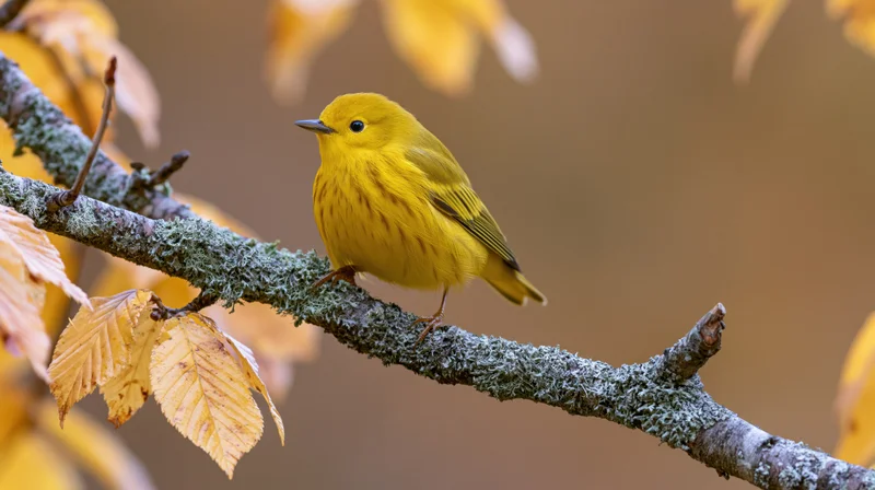 Yellow warbler perched on moss-covered branch among autumn leaves in woodland setting