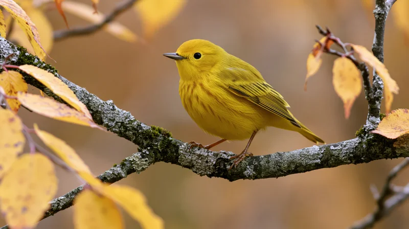 Small yellow warbler perched on moss-covered branch among autumn leaves in forest