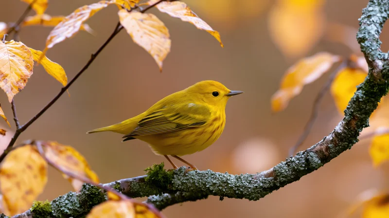 Yellow warbler perched on moss-covered branch among autumn leaves in forest