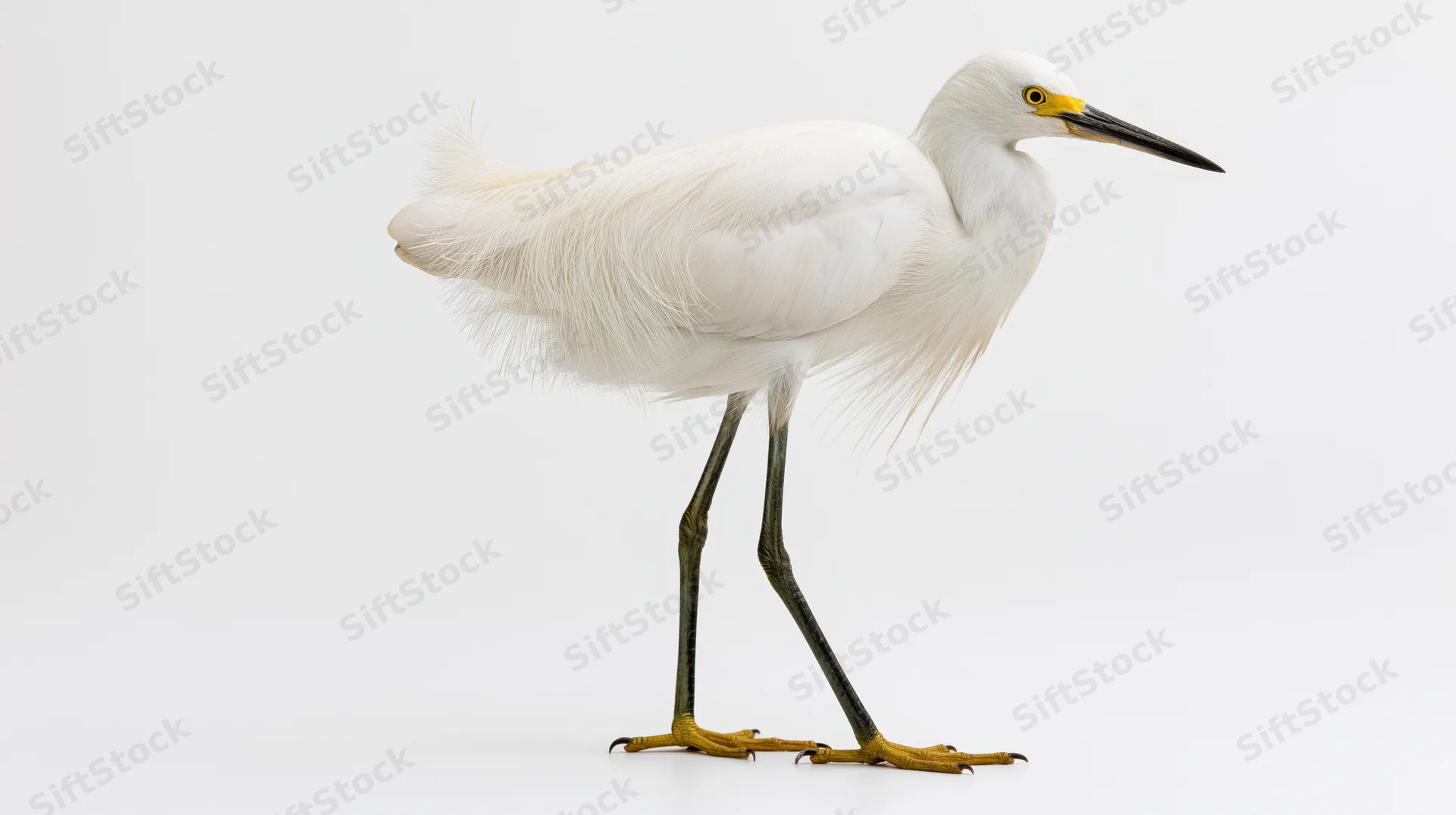 Snowy egret standing in profile full body visible against white background