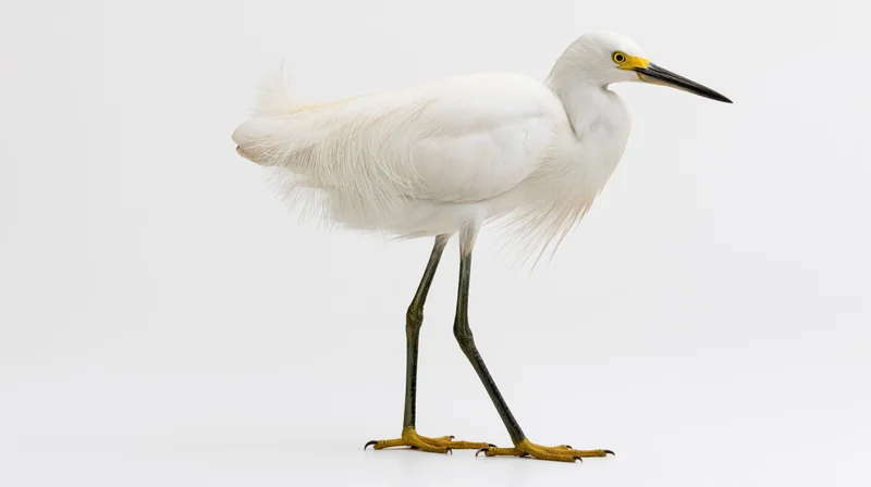 Snowy egret standing in profile full body visible against white background