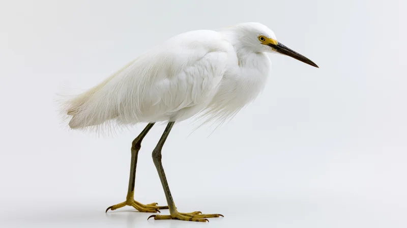 Snowy egret standing in profile full body visible against white background
