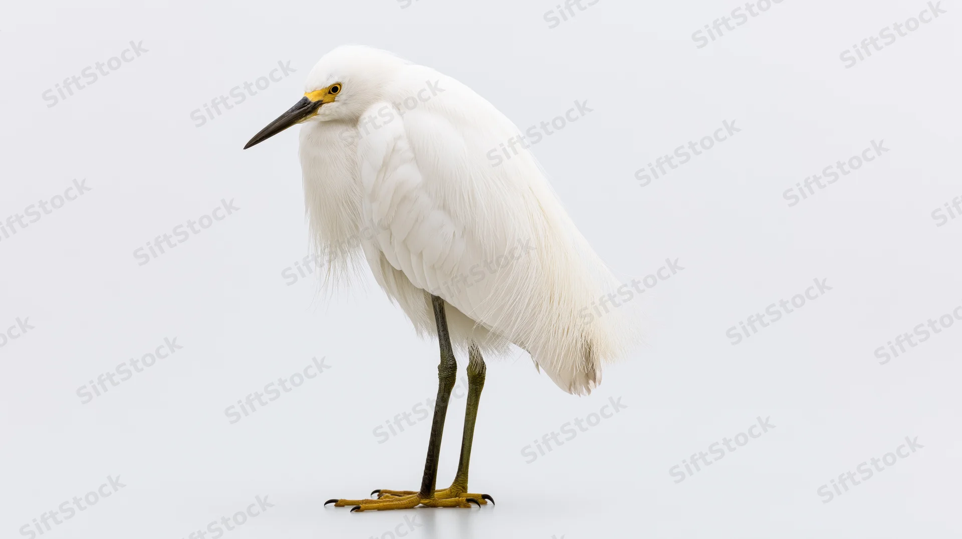 Snowy egret standing in profile full body visible against white background