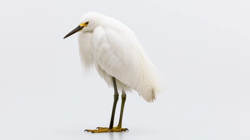 Snowy egret standing in profile full body visible against white background