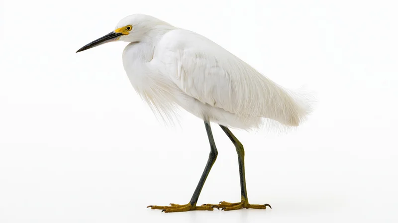 Snowy egret standing in profile full body visible against white background