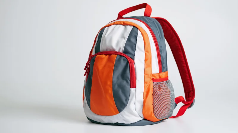 Sport backpack with orange white and grey panels and red straps on white background