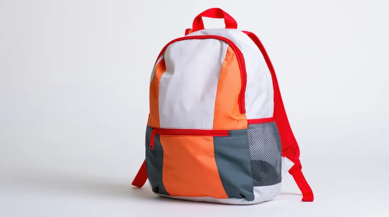 Sport backpack with orange white and grey panels and red straps on white background