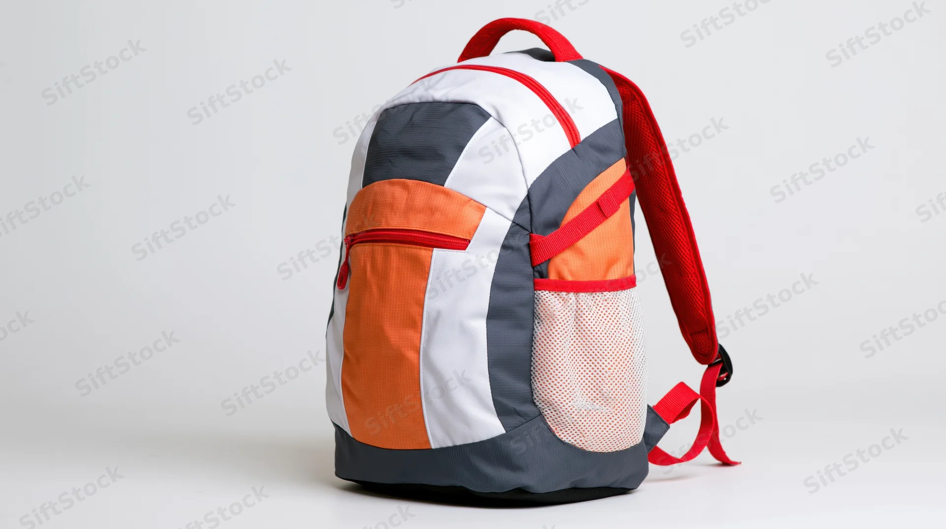 Sport backpack with white orange and dark grey panels and red straps on white background