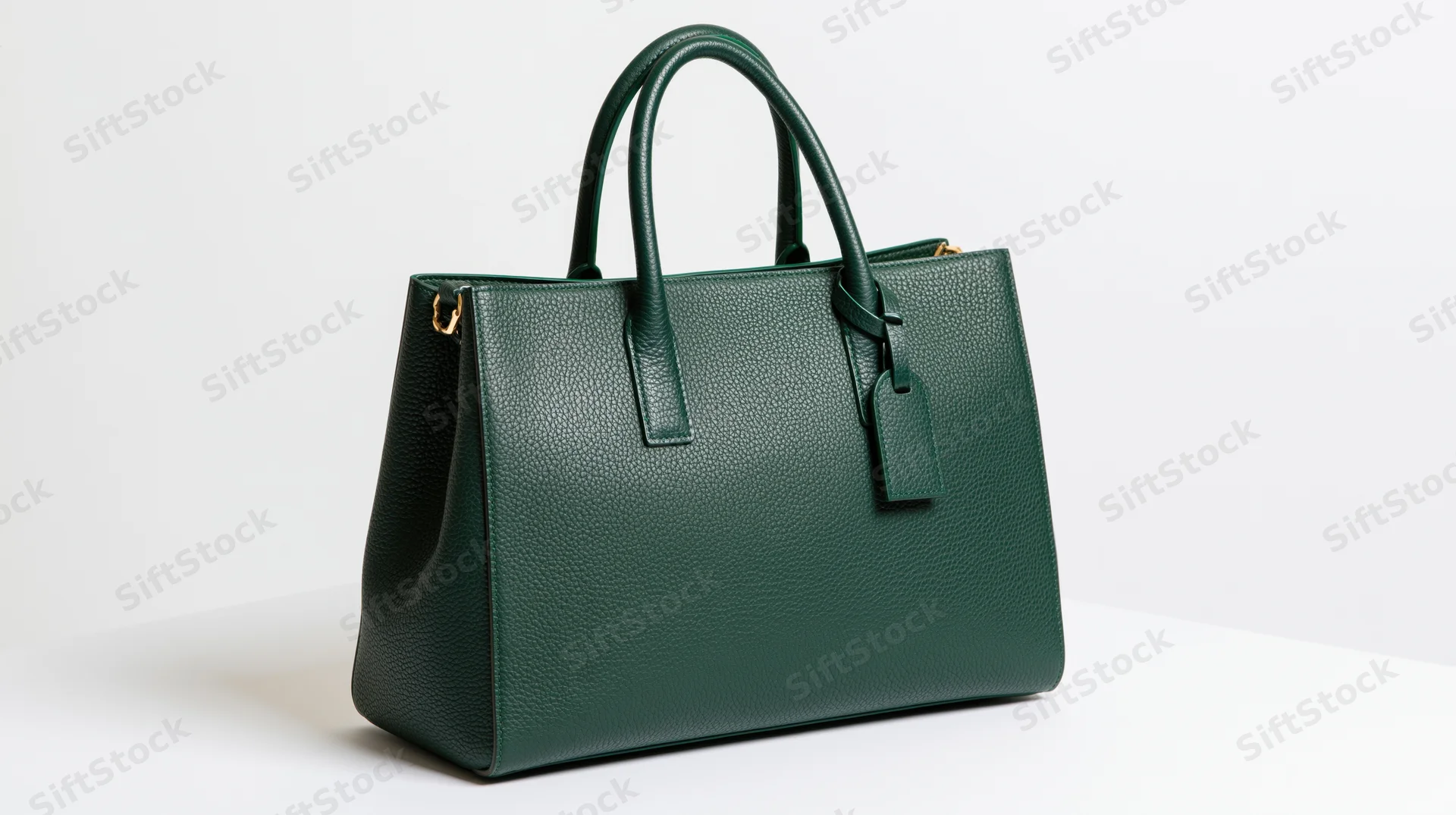 Dark green pebbled leather tote handbag with gold hardware on white surface