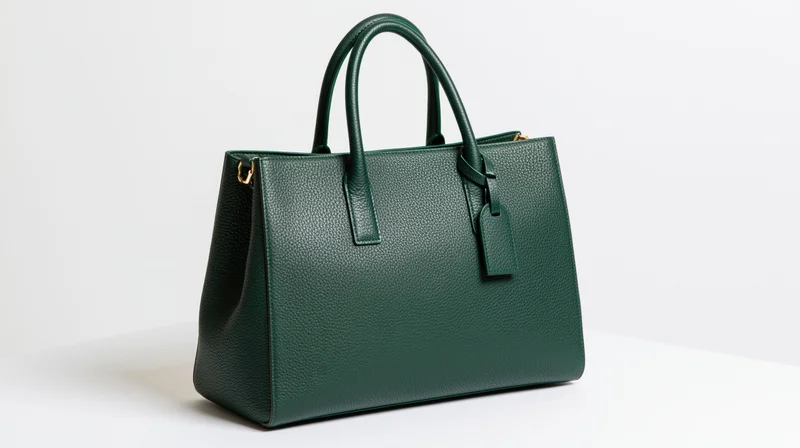 Dark green pebbled leather tote handbag with gold hardware on white surface