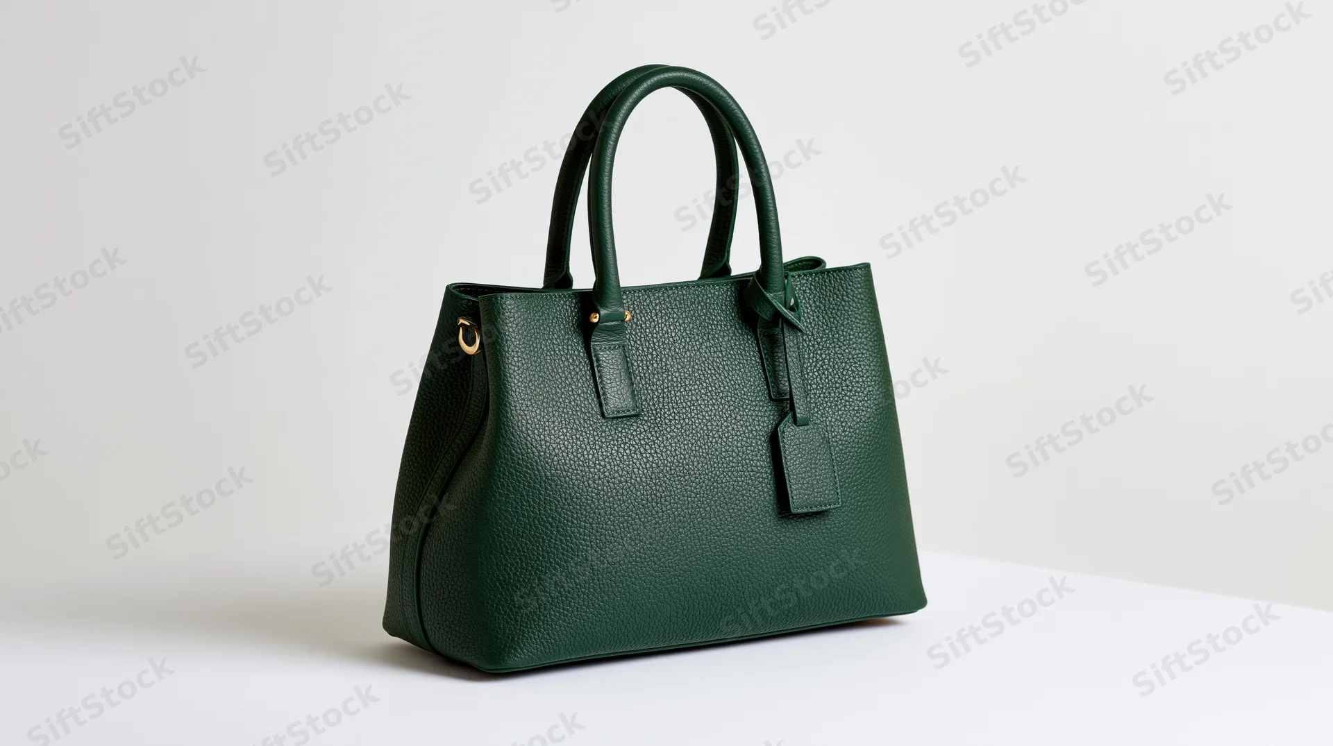 Dark green pebbled leather tote handbag with gold hardware on white surface