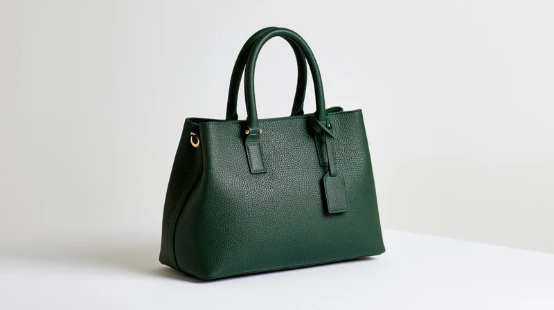 Dark green pebbled leather tote handbag with gold hardware on white surface