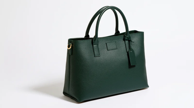 Dark green pebbled leather tote handbag with gold hardware on white background