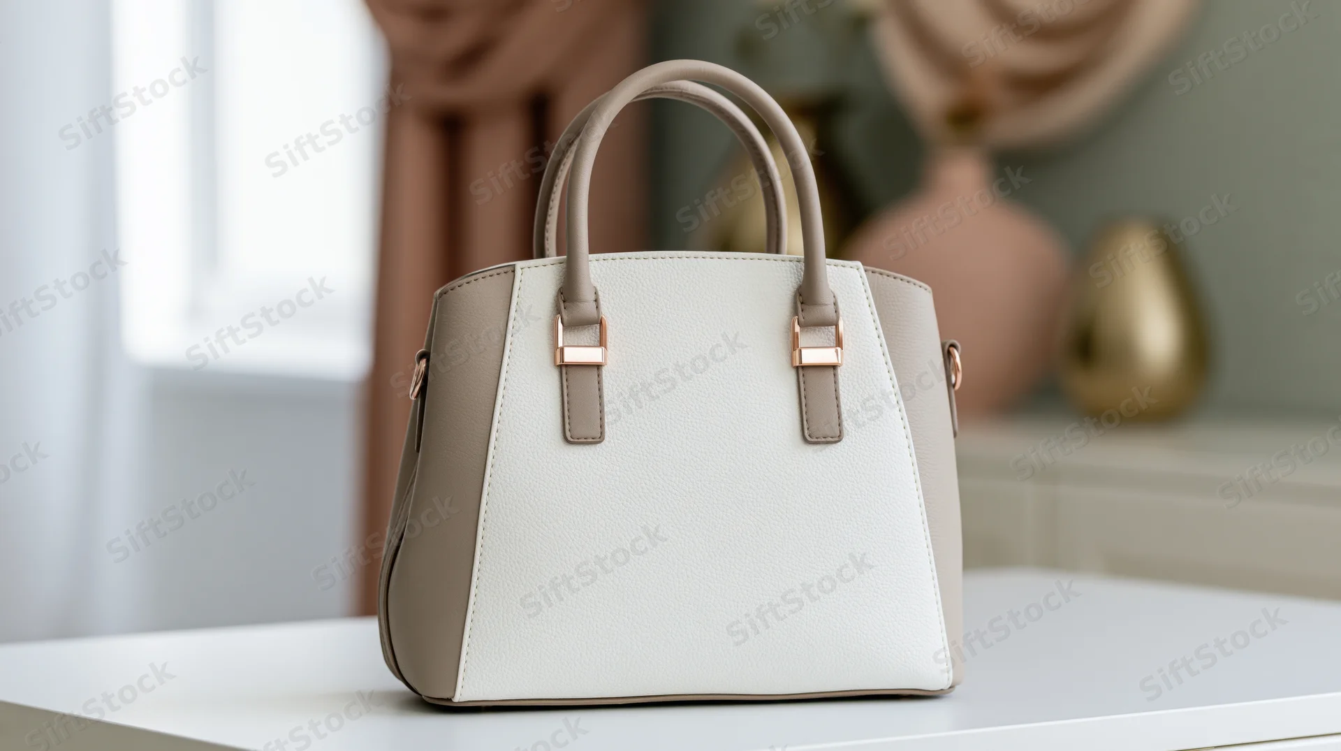 Structured white and beige handbag with dual top handles on a white table in a softly lit interior