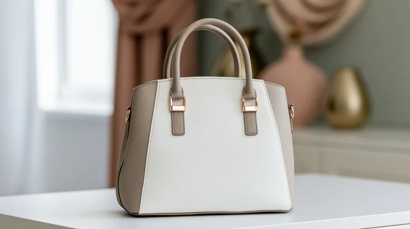 Structured white and beige handbag with dual top handles on a white table in a softly lit interior
