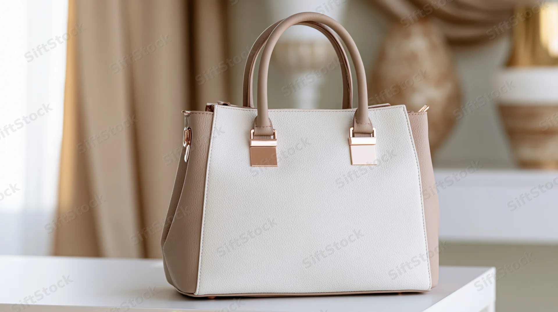Structured beige and white women's handbag with dual top handles on a white table in a softly lit interior