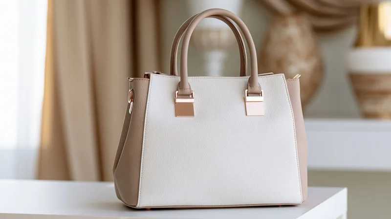Structured beige and white women's handbag with dual top handles on a white table in a softly lit interior