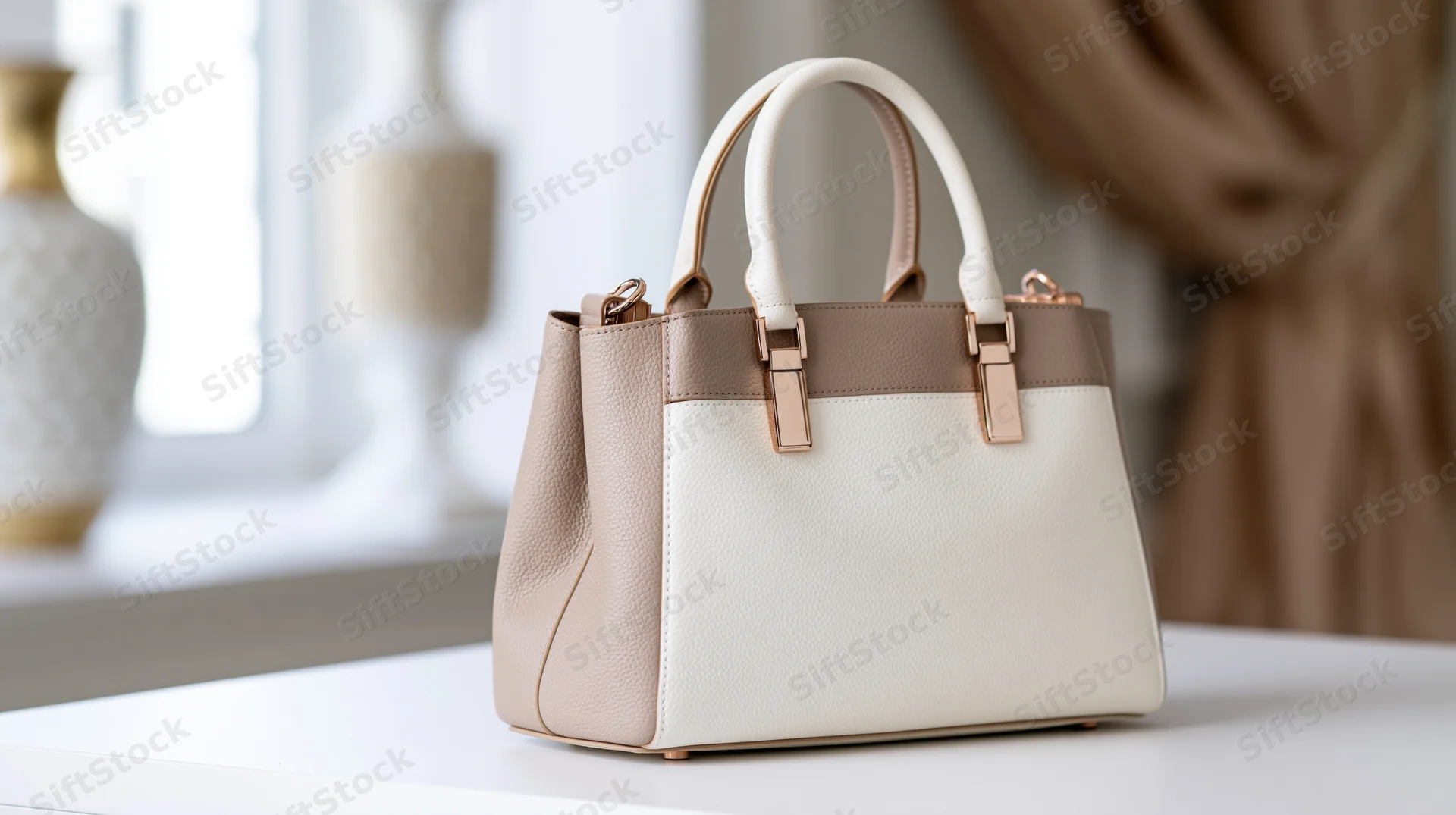 Structured beige and white leather handbag with dual top handles on white surface