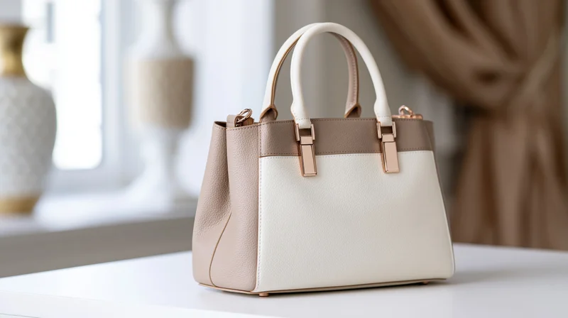 Structured beige and white leather handbag with dual top handles on white surface
