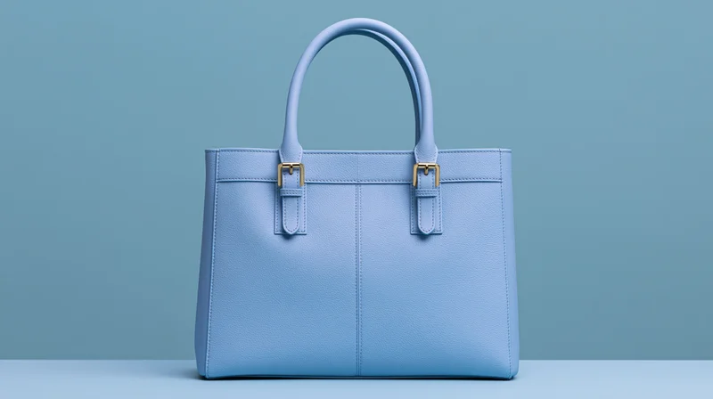 Structured blue leather tote handbag with twin top handles on a plain surface