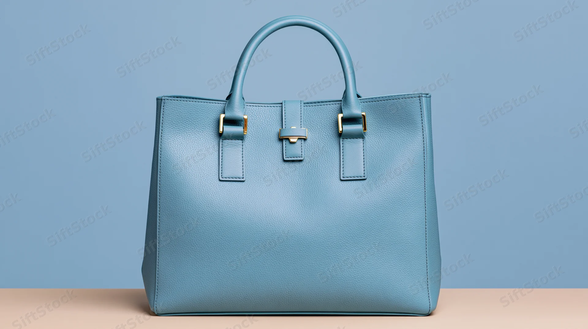 Structured blue leather tote handbag with twin top handles on a plain surface