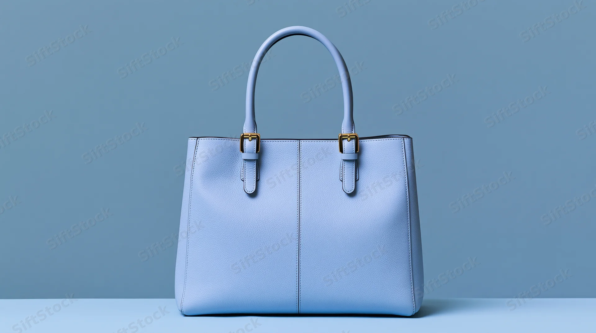 Structured blue leather tote handbag with twin top handles on a plain surface