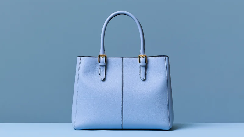 Structured blue leather tote handbag with twin top handles on a plain surface