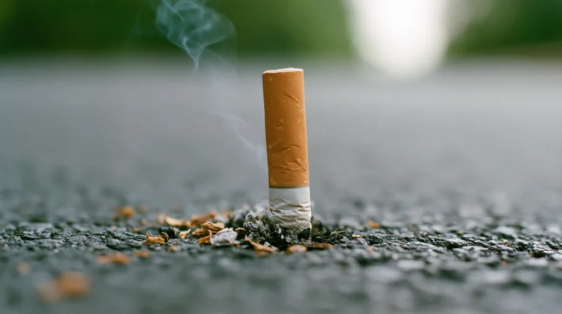 Cigarette butt pressed into dark asphalt with smoke rising