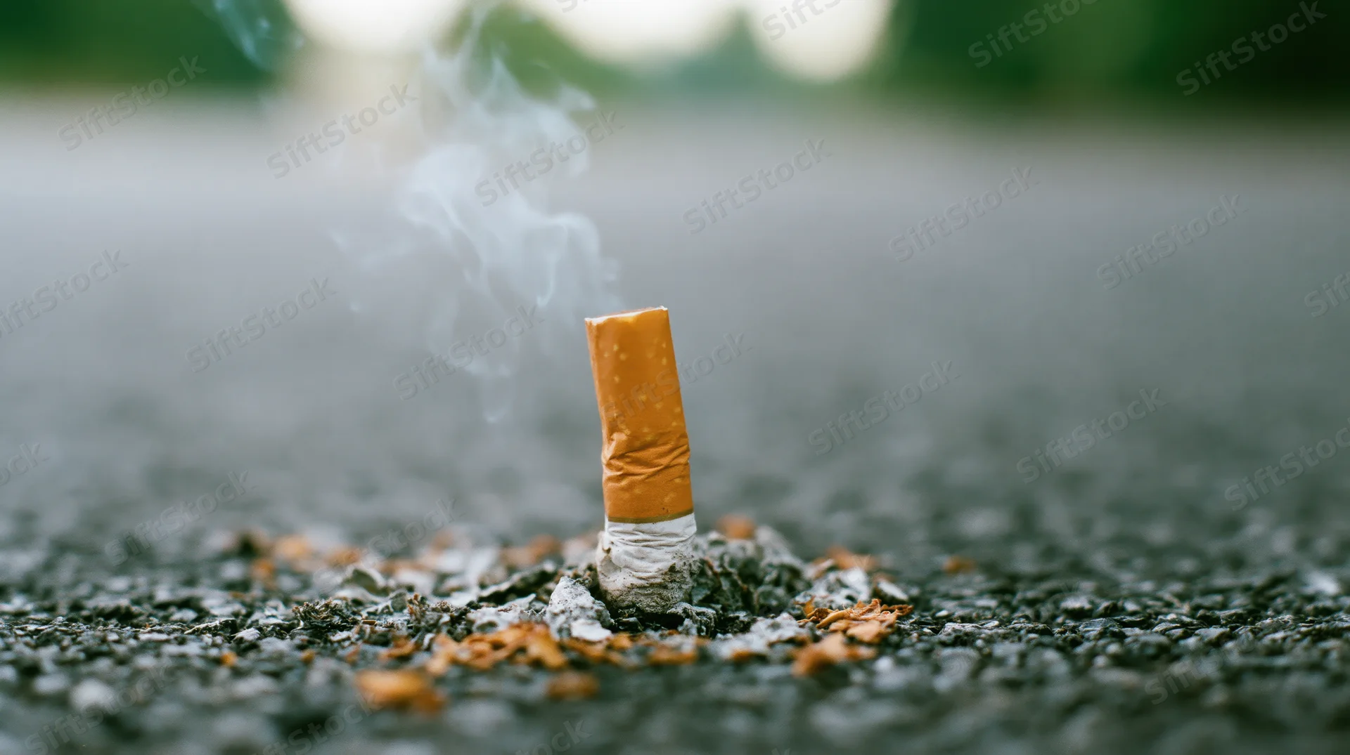 Cigarette butt pressed into dark asphalt with smoke rising