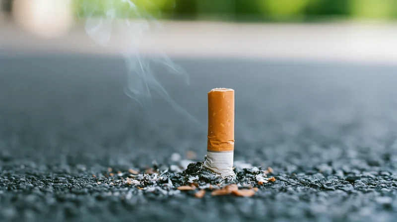 Cigarette butt pressed into dark asphalt with smoke rising
