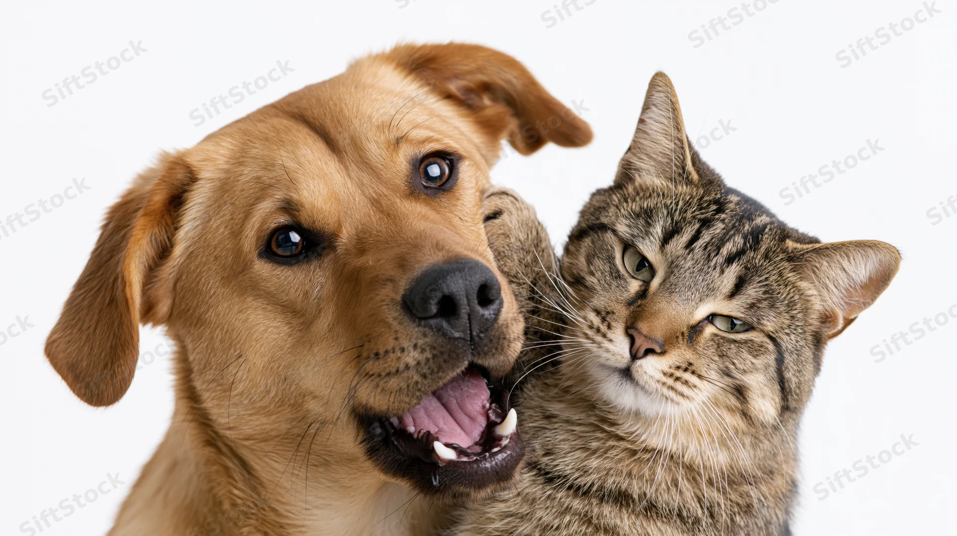 Dog and cat posing together in studio portrait with cat’s paw on dog’s face