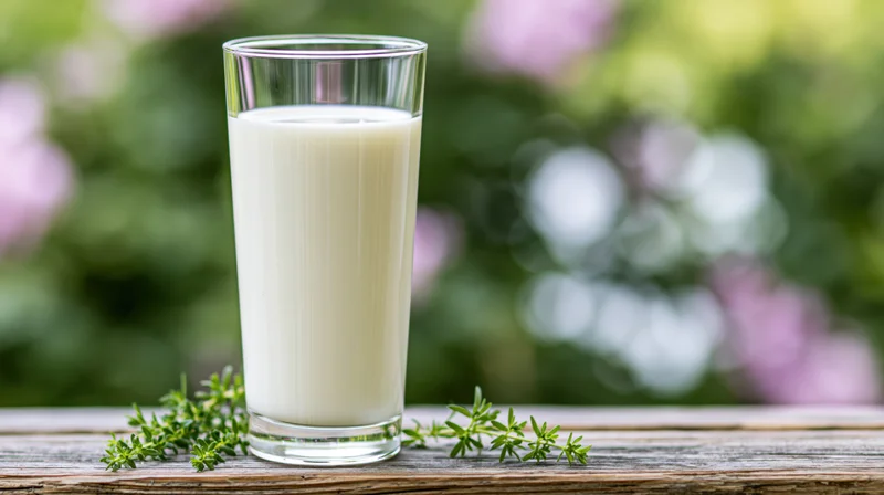 Tall glass of fresh milk on a wooden table outdoors with greenery and flowers blurred in the background