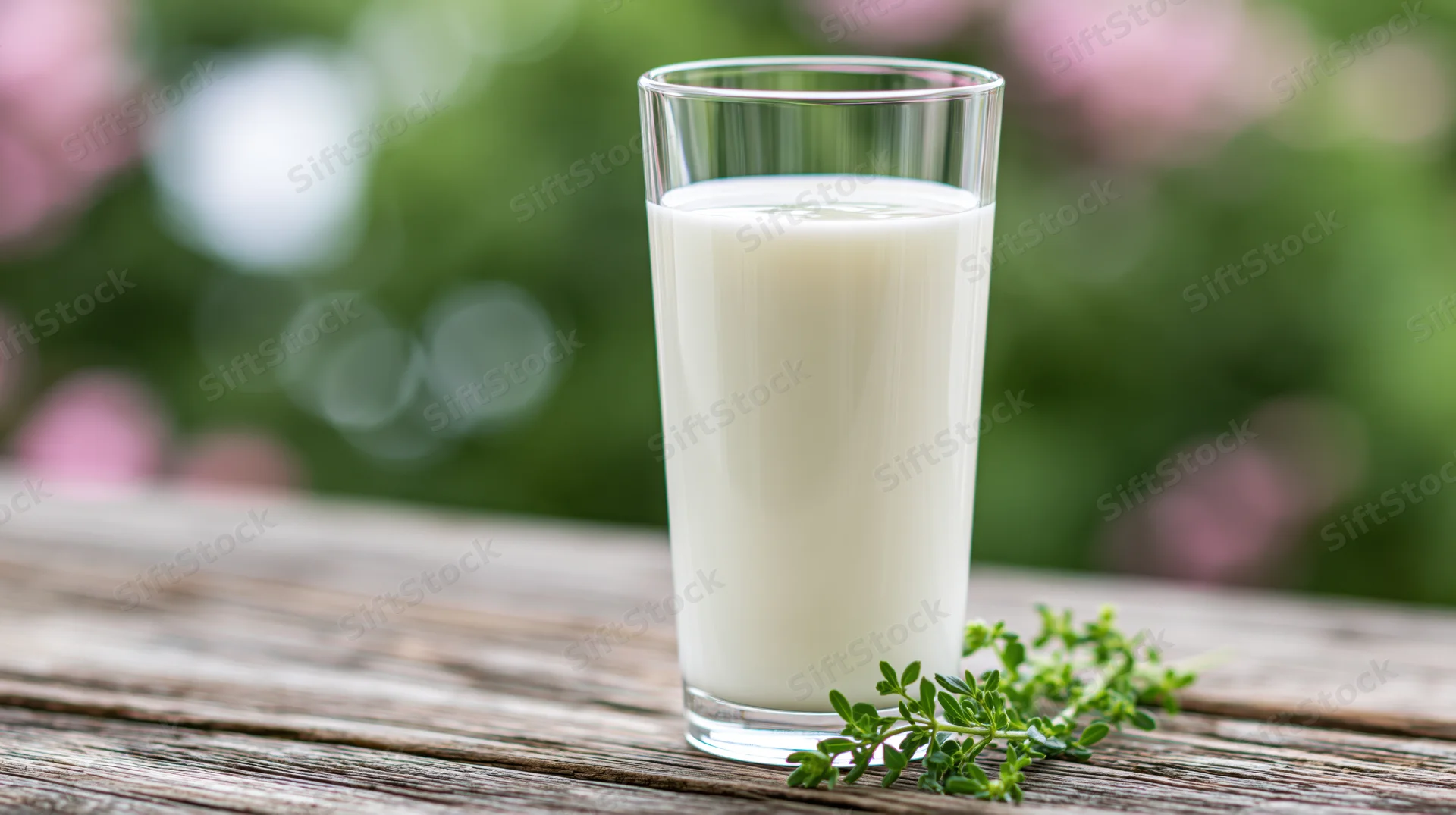 Tall glass of fresh milk on a wooden table outdoors with greenery and flowers in the background