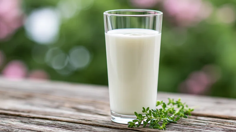 Tall glass of fresh milk on a wooden table outdoors with greenery and flowers in the background