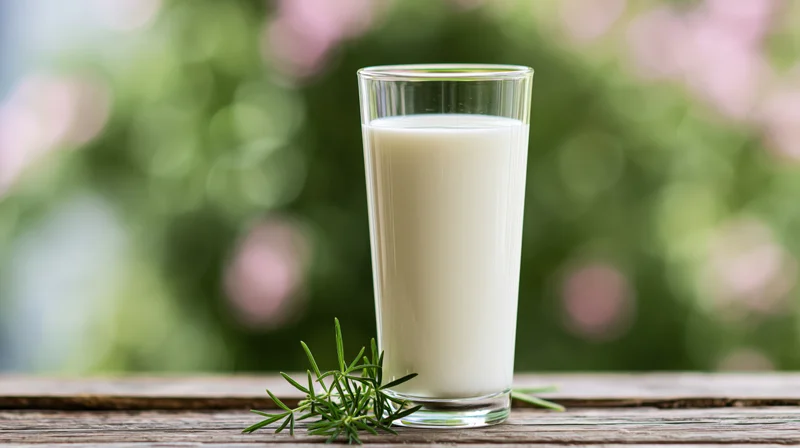 Tall clear glass of fresh white milk on wooden table with rosemary sprig beside it outdoors