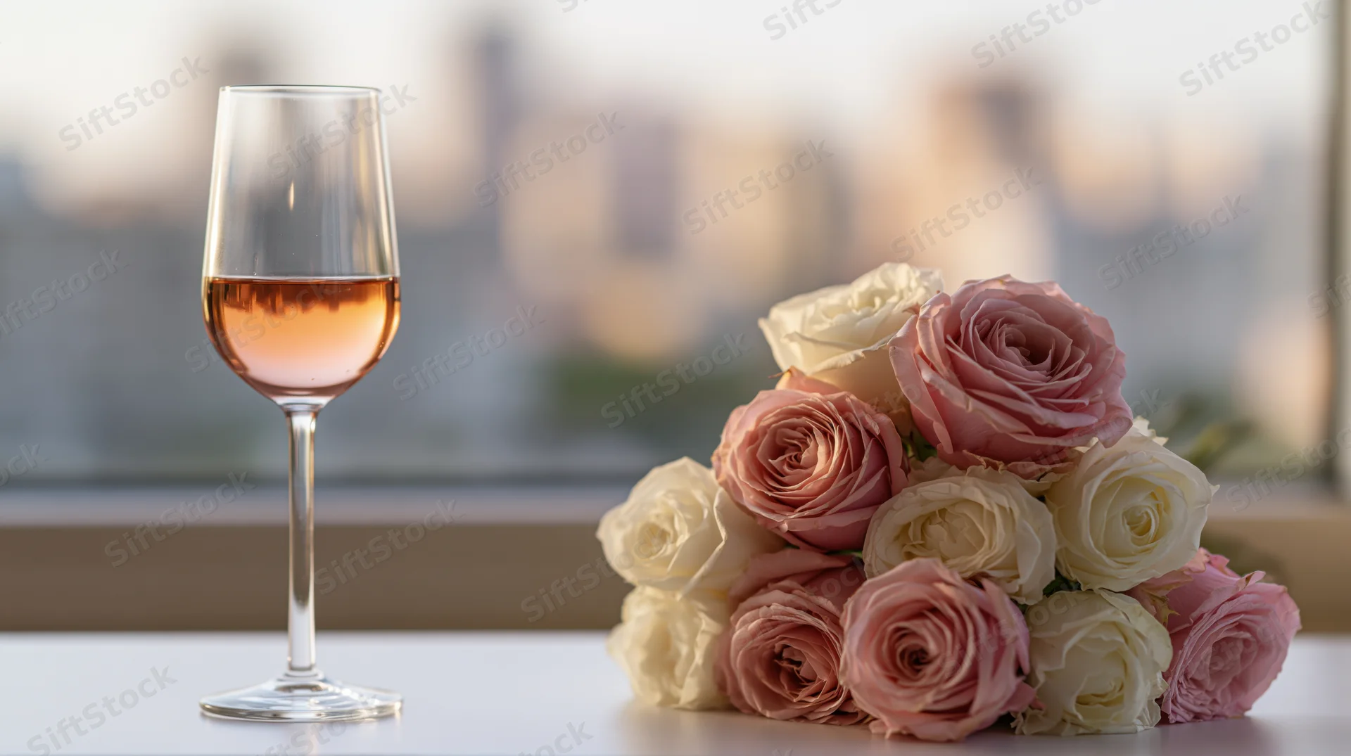 A half-filled rosé wine glass beside a bouquet of pink and white roses on a table by a window with a city view