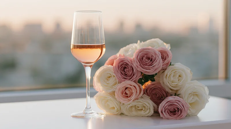 A glass of rosé wine beside a bouquet of pink and white roses on a table by a window overlooking a city at sunset