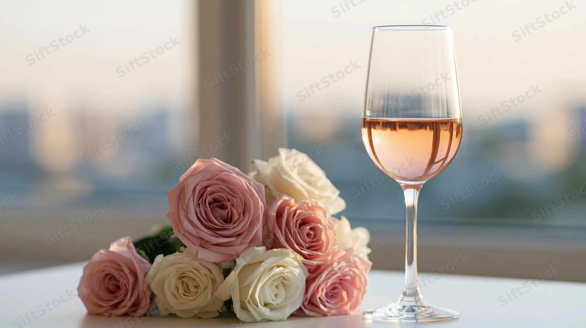 A glass of rosé wine beside a bouquet of pink and white roses on a table by a window with a city view