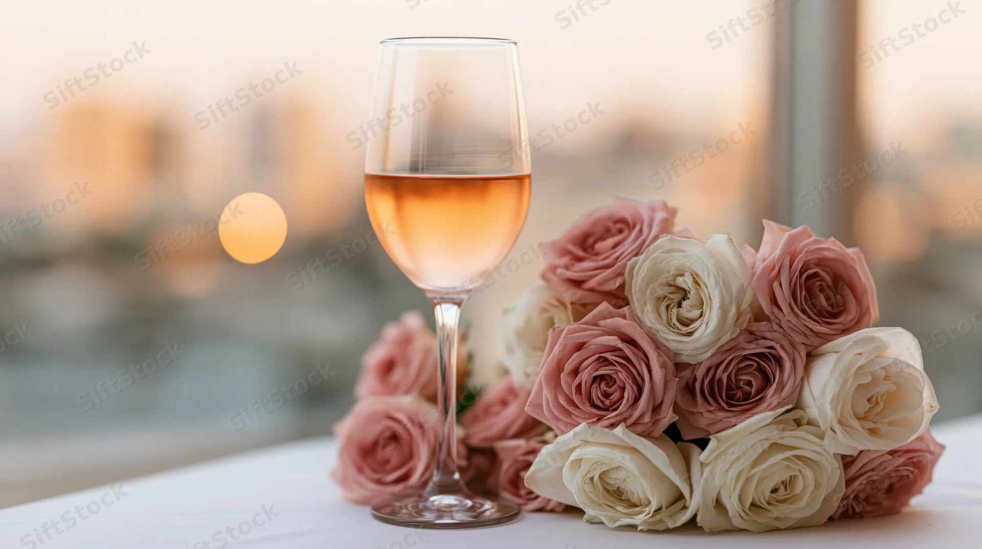 A half-filled rosé wine glass beside a bouquet of pink and white roses on a table with a cityscape view at sunset