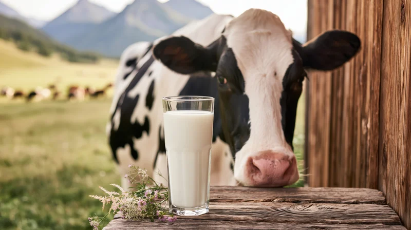 Glass of milk on wooden table with cow in pasture behind