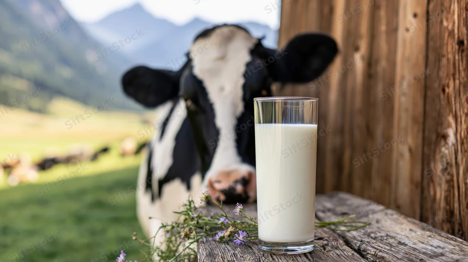 Glass of fresh milk on rustic wooden table with cow in pasture background