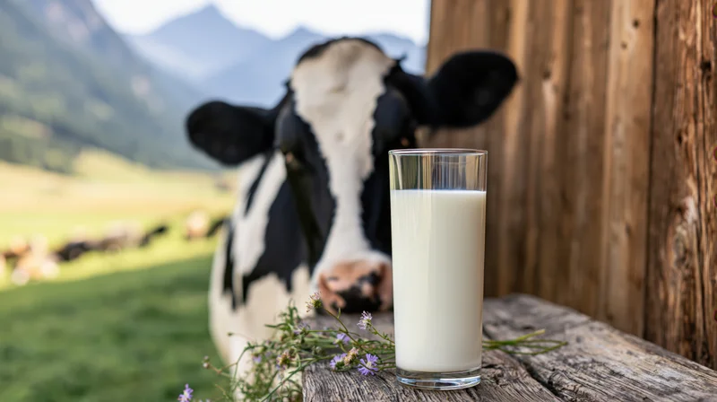 Glass of fresh milk on rustic wooden table with cow in pasture background