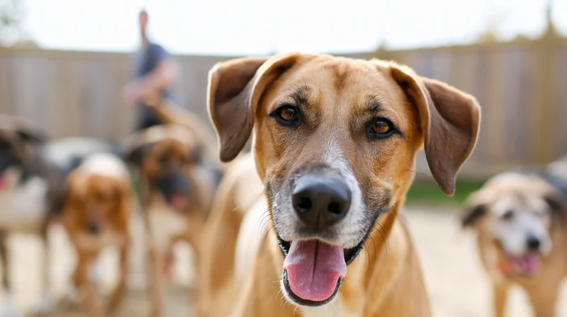 Tan and brown mixed-breed dog panting with tongue out in a yard surrounded by other dogs